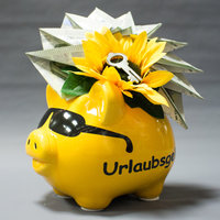 gelbes Sparschwein mit Sonnenbrille und Deko aus gefaltenen Geldscheinen und Blumendeko